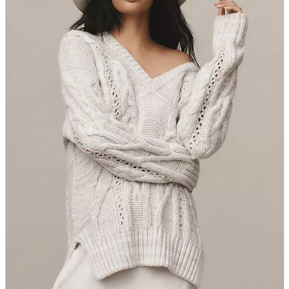 Anthropologie V-Neck Drama Cable Knit Tunic Sweater Womens XL Oversized Soft NEW - Picture 1 of 7